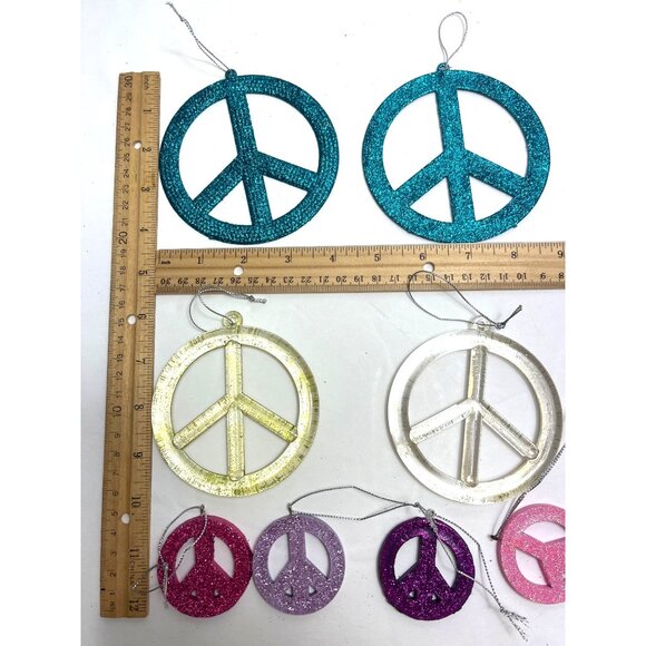 Set Of 8 Glittered Peace Sign Ornaments In Teal Gold Silver Pink & Purple 8s - Picture 3 of 3